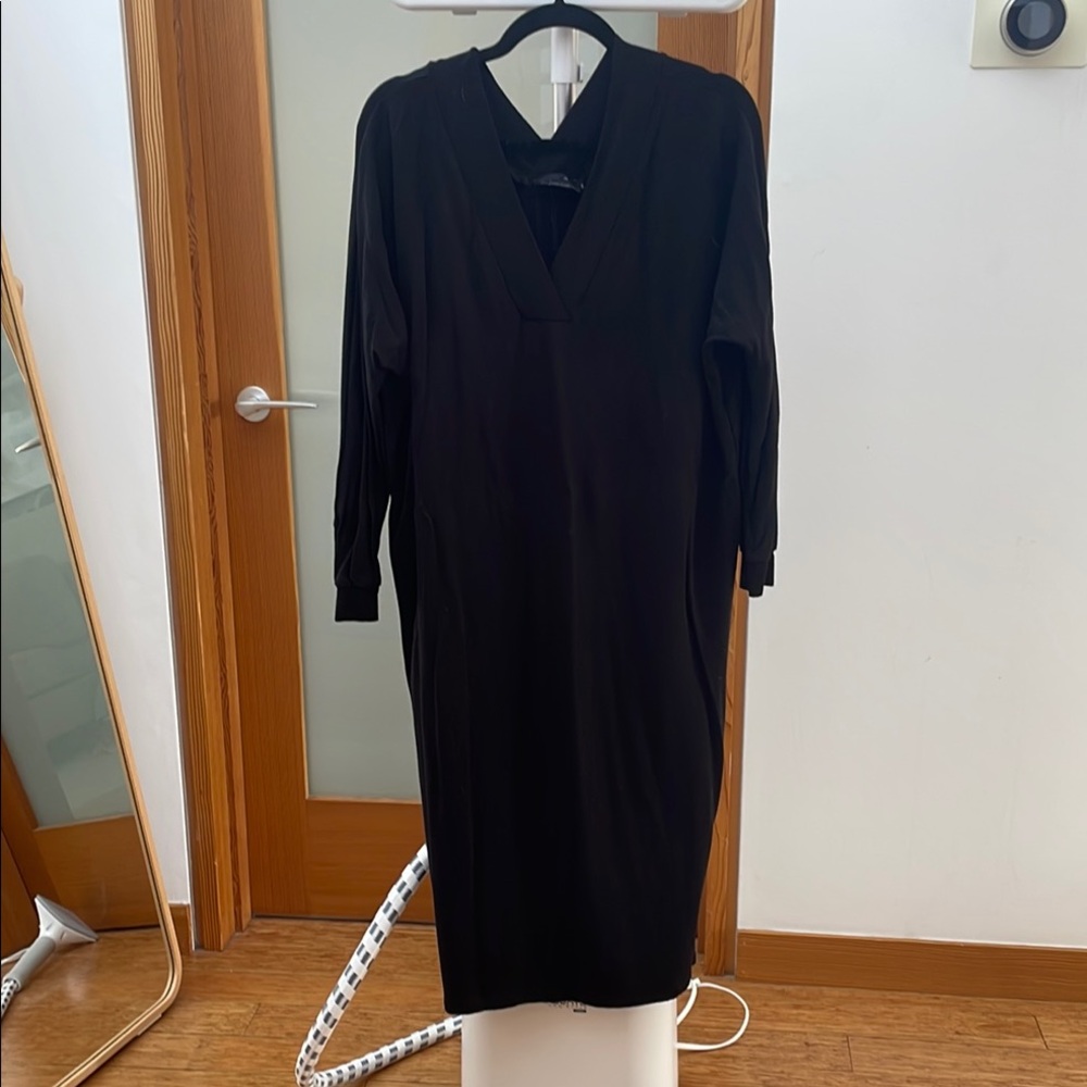 Black hatch maternity cotton dress with v-neck line